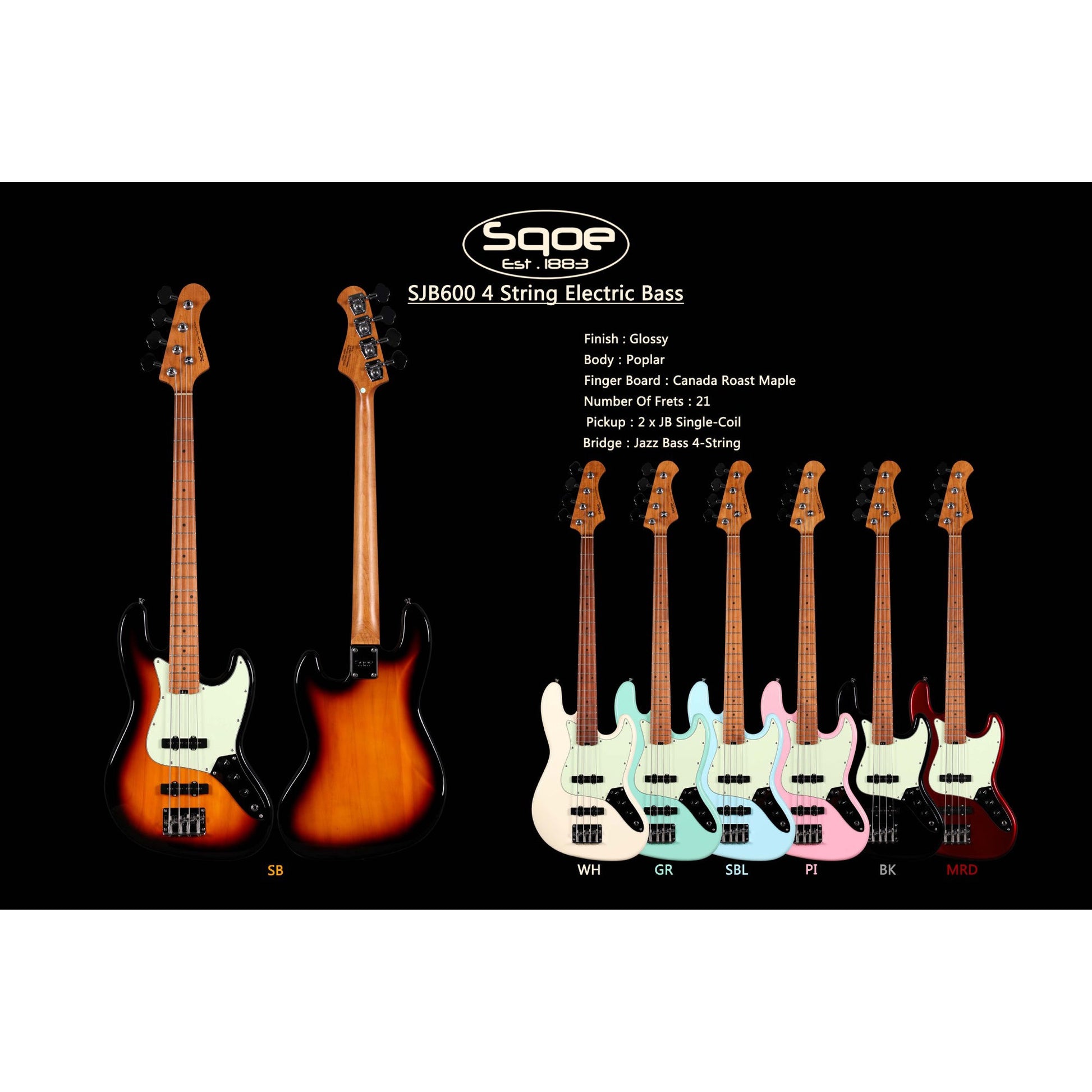 Đàn Guitar Bass Sqoe SJB600 SS, Maple Finngerboard - 4 Strings - Việt Music