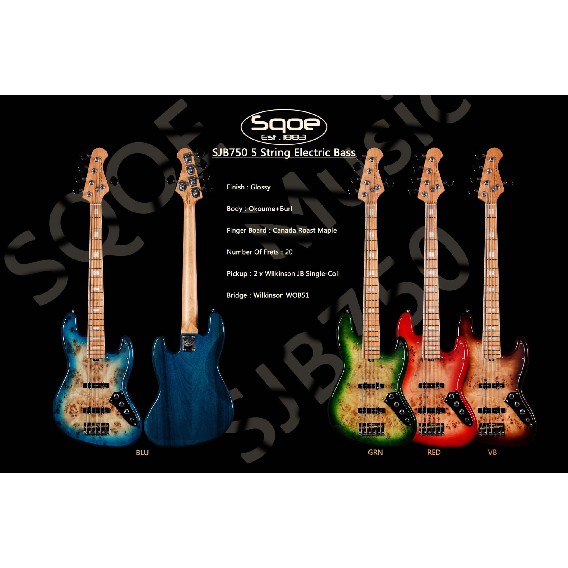 Đàn Guitar Bass Sqoe SJB750 SS, Maple Fingerboard - 5 Strings - Việt Music