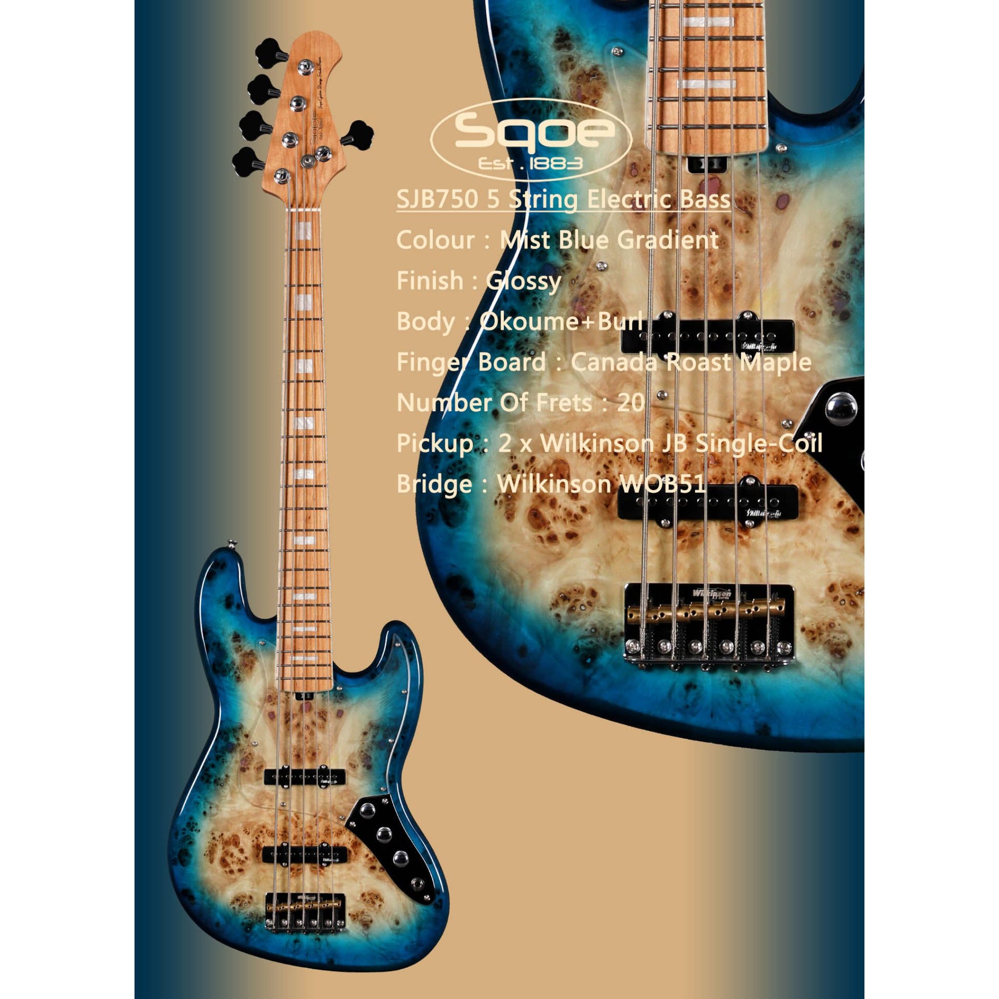 Đàn Guitar Bass Sqoe SJB750 SS, Maple Fingerboard - 5 Strings - Việt Music