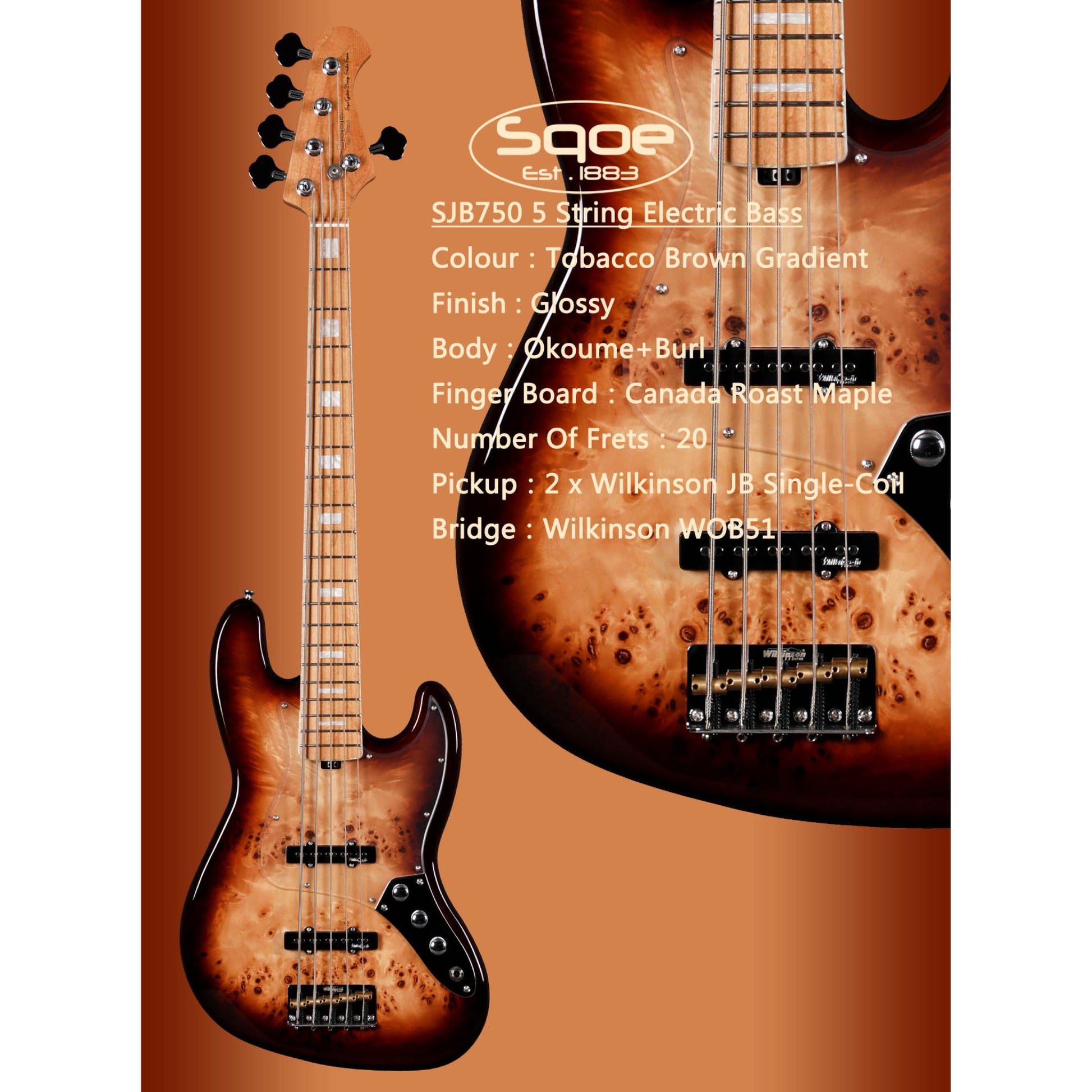 Đàn Guitar Bass Sqoe SJB750 SS, Maple Fingerboard - 5 Strings - Việt Music